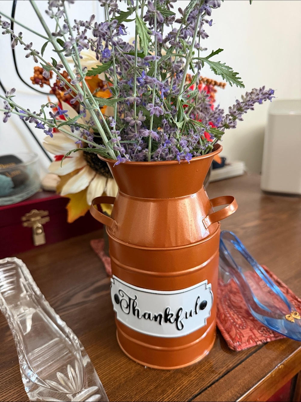 Orange Metal Milk Can Vase with 'Thankful' Plaque - Decorative Accent